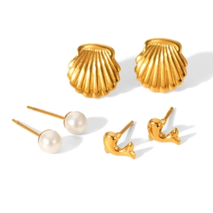 Three-pair ocean set with gold shell, white pearl and dolphin stud earrings