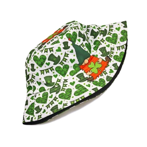 Detail of St. Patrick's Day bucket hat featuring green clovers and Irish gnome patterns