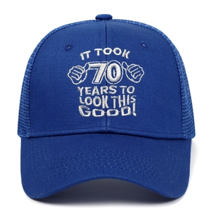 Navy 70th birthday trucker hat with white embroidery and breathable mesh back