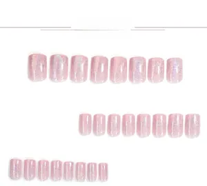 Détails de 24 faux ongles œil-de-chat roses avec paillettes laser et forme carrée-ovale