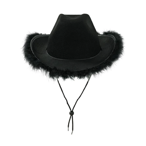 Detail of black wide brim cowboy hat with fluffy feather trim and adjustable chin strap