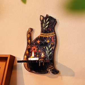 Black cat wall candle holder with mystical moon and sun patterns for home decor