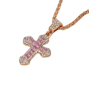 Hip hop cross pendant necklace in gold finish with pink square gem and zircon inlay