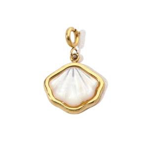 Detailed view of iridescent shell pendant with gold-plated spring ring and natural texture