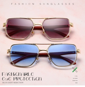 Detail of vintage square metal sunglasses with wood grain temples and gradient lenses