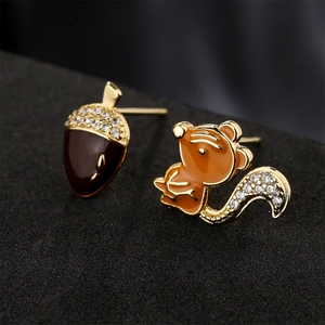 Asymmetric squirrel and acorn stud earrings in 18K gold plating with cubic zirconia
