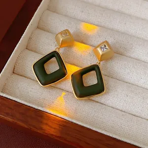 Retro geometric earrings with gold plating, square clear zircon and emerald green pendant