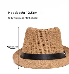 Detail view of brown straw fedora with 12.5cm crown depth and black leather band
