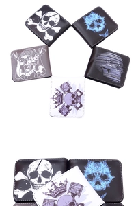 Showcase of five men's bifold wallets featuring diverse retro skull print designs