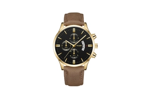 Detail of Yolako chronograph watch with gold case, black dial and brown leather strap