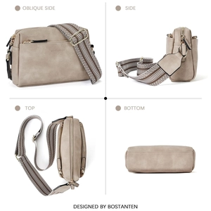 Detailed views of khaki leather crossbody bag with multiple zippers and wide strap
