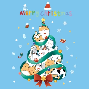 Cartoon cats and dogs stacked as a Christmas tree wall sticker with a big red bow