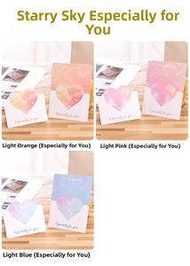 Three colors of 3D heart-shaped gift cards with Especially for You text on wood table
