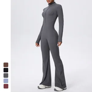 Combinaison Yoga Femme Manches Longues Col Montant Zippé Jambe Évasée Vêtement Sport Slim Fit Catsuit