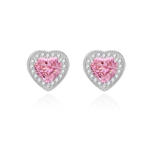 Pink heart-shaped stud earrings in S925 sterling silver with sparkling halo stones