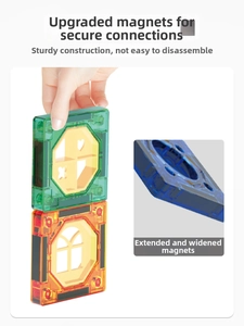 Detail showing strong magnets inside translucent magnetic tiles for kids building sets