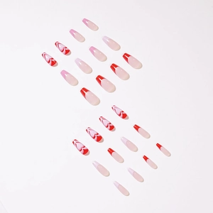 French heart press-on nails set in long coffin shape with red and pink love patterns