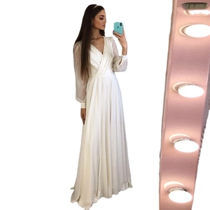 Elegant white chiffon long sleeve V-neck maxi dress with floor-length drape