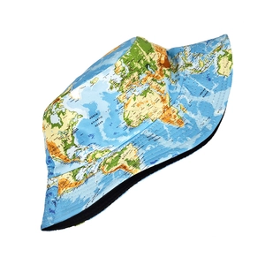 Detailed view of bucket hat featuring world map print and North Atlantic Ocean labels