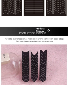 Detail showing self-adhesive black French manicure guide stickers with various shapes