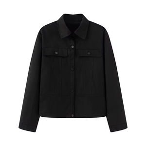 Women's casual black button-up jacket with lapel collar and flap chest pockets