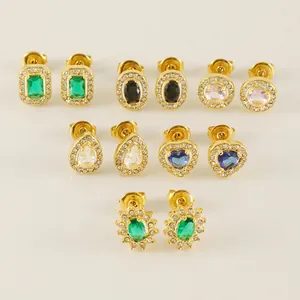 Boucles D'Oreilles Coeur En Zircon Plaqué Or 18K Acier Inoxydable Goutte D'Eau Tournesol Géométrique Bijoux Luxe Femme