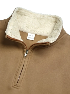 Detail of half-zip stand collar sweatshirt with fleece lining and polyester texture