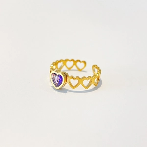 Adjustable 18k gold plated stainless steel ring with purple heart zircon gemstone