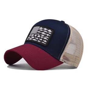 Detail of truck cap with fish American flag embroidery and breathable mesh back
