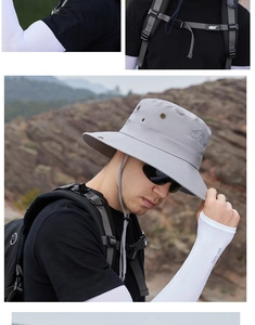 Detail of outdoor sun protection set with grey wide brim bucket hat and ice silk sleeves