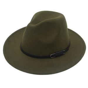 Detail of olive green fedora hat featuring a black leather belt with a metal buckle