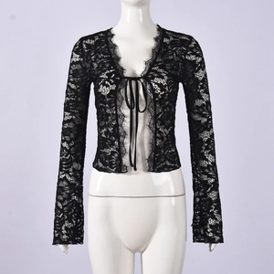 Close-up of black lace cardigan with deep V-neck tie-up detail and flare sleeves