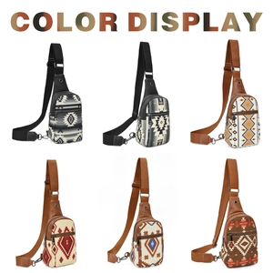 Bohemian Ethnic Geometric Pattern Sling Bag Canvas PU Leather Crossbody Chest Bag With Earphone Hole Reversible Strap