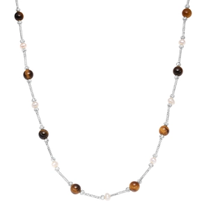 925 silver tiger eye necklace with white pearls displayed in a U-shaped drape