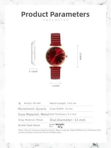 Tableau des tailles détaillé pour montre quartz rouge avec cadran 33mm et bracelet