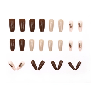 Brown and nude glossy coffin press-on nails set with elegant marble marbleized design