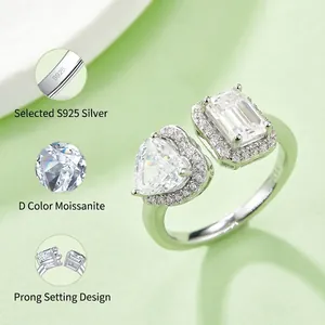 S925 silver open ring featuring heart and emerald cut D-color moissanite stones