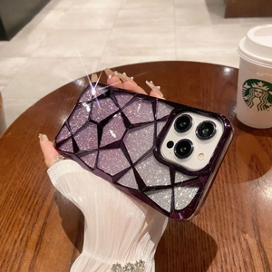 Close-up of purple glitter diamond lattice phone case with sparkling star light effect