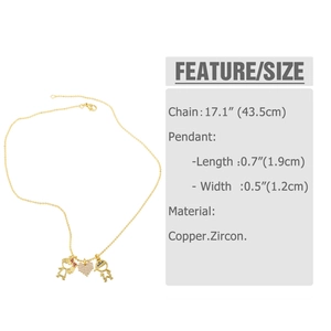 Detail view of copper zircon necklace with girl boy and heart charms and size specs
