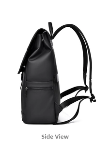 Side view of black leisure backpack featuring waterproof matte fabric and padded straps
