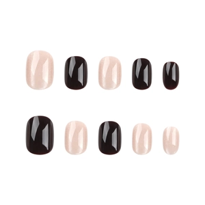 Short round press-on nails featuring cat-eye nude pink and glossy dark chocolate brown finish