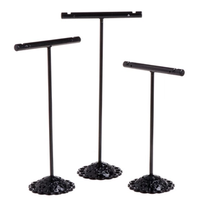 Set of 3 matte black T-bar metal earring display stands with vintage engraved bases