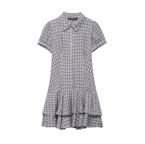 Gingham Plaid Short Sleeve Mini Dress Polyester Shirt Collar Button Down Tiered Ruffled Hem Sexy Style For Women