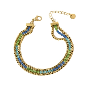 Three-row stainless steel bracelet with gradient blue and green crystals on gold chain
