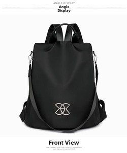 Front view of black waterproof nylon multi-functional backpack with silver metal logo