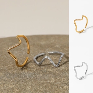 Stainless Steel Wave Ring Micro CZ Minimalist Irregular Adjustable Band Fashion Jewelry For Women Gold Silver Tone