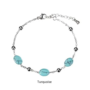 Waterproof stainless steel bracelet with oval turquoise stones and silver beads