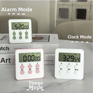 Three magnetic digital desk timers in mint green, pink, and white with LCD displays