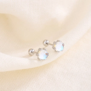 Minimalist S925 silver moonstone stud earrings with crown setting and screw back
