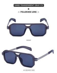 Detailed front and 45-degree side views of sand transparent gray polarized sunglasses